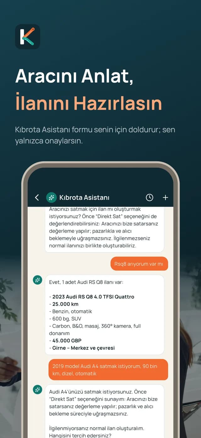 Kıbrota Asistanı: aracını anlatan kullanıcıya ilanı sohbetle hazırlayan ekran
