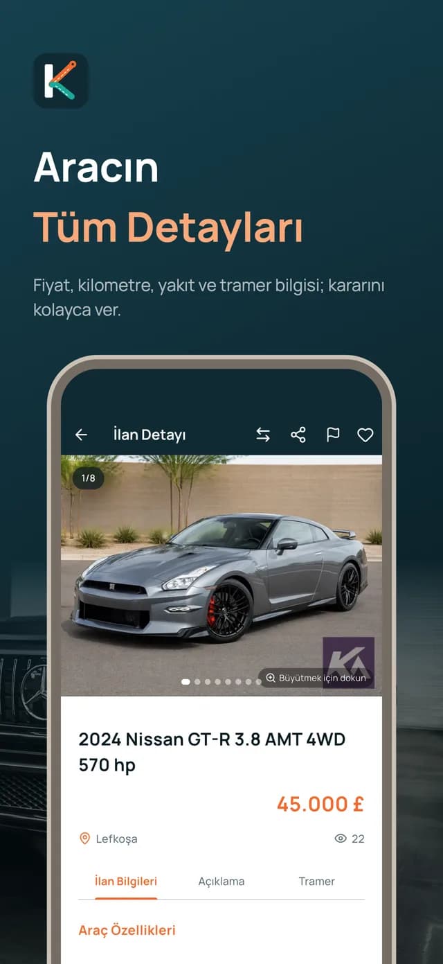 Kıbrota ilan detayı: araç fotoğrafı, fiyat, kilometre ve tramer bilgisi