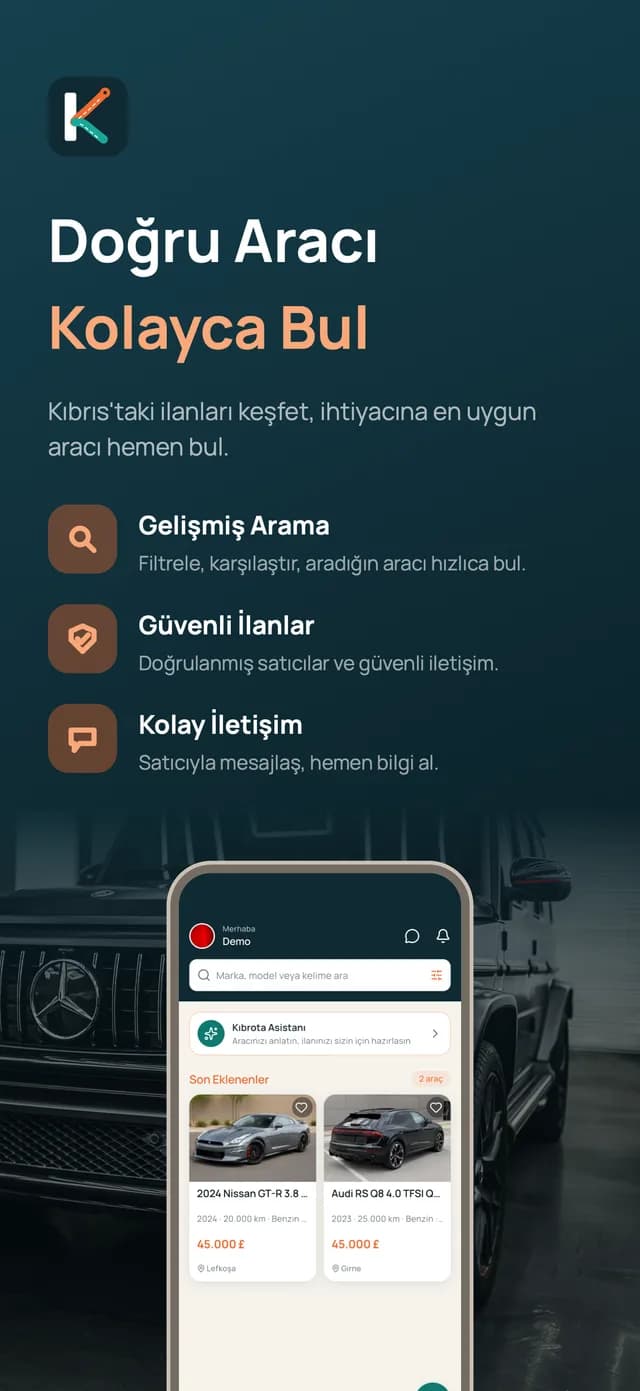 Kıbrota ana ekranı: arama, Kıbrota Asistanı ve son eklenen ilanlar