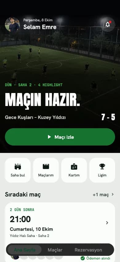 AiKort oyuncu uygulaması ana ekranı: kaydı hazır maç, hızlı işlemler ve sıradaki maç